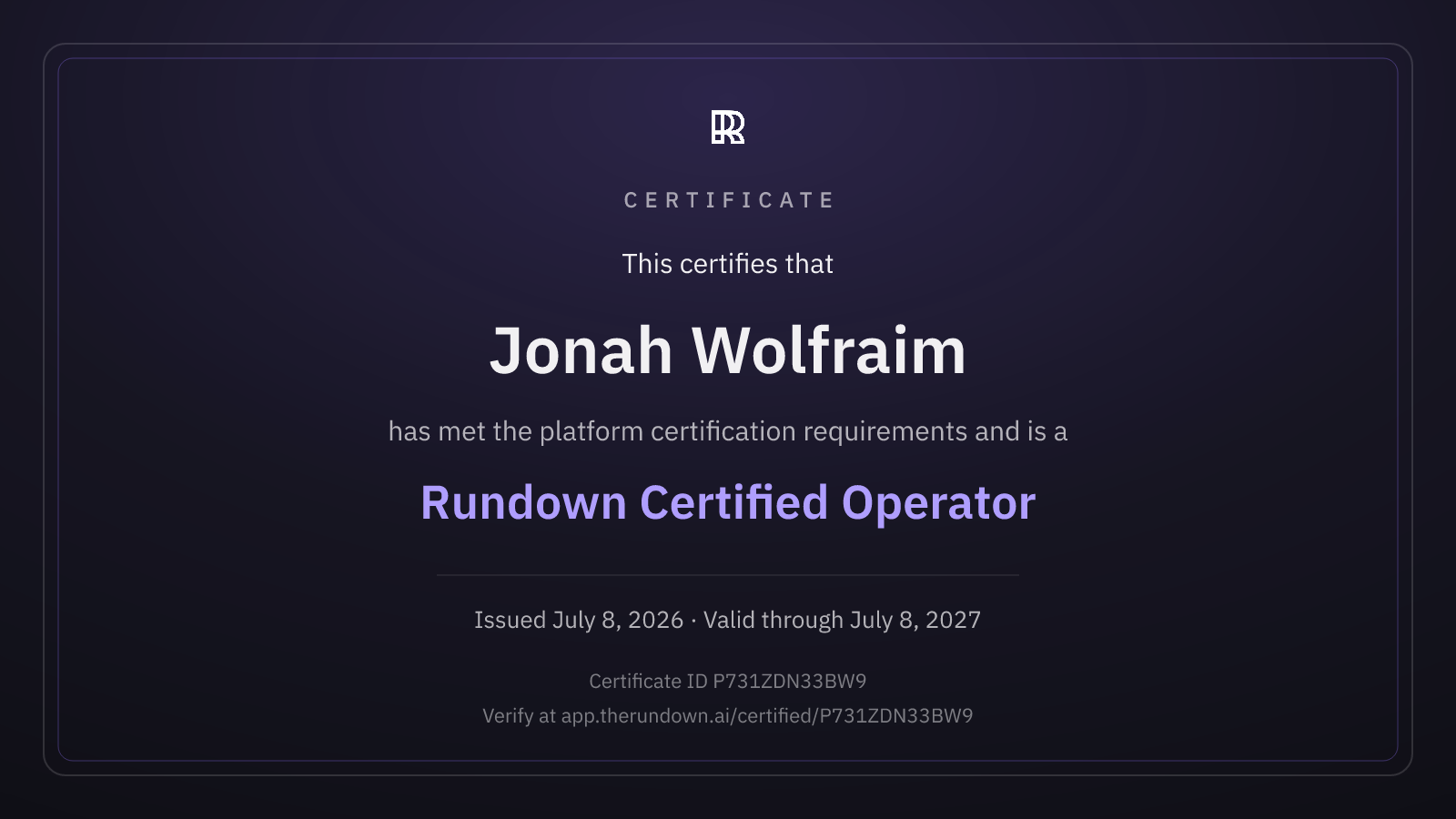 Rundown Certified Operator certificate for Jonah Wolfraim